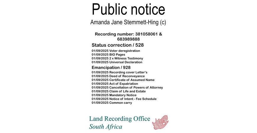 Public Notice Amanda Jane Stemmett (c) Recording number 381058061 & 978786580