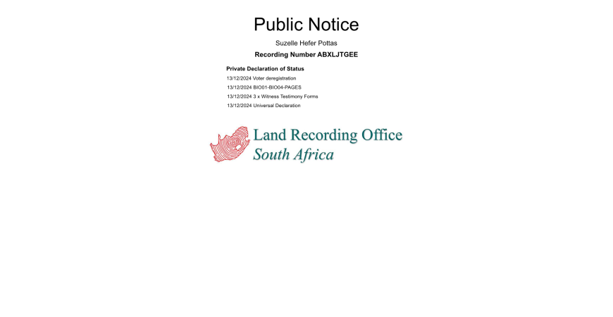 Public notice Suzelle Hefer Pottas Recording Number ABXLJTGEE