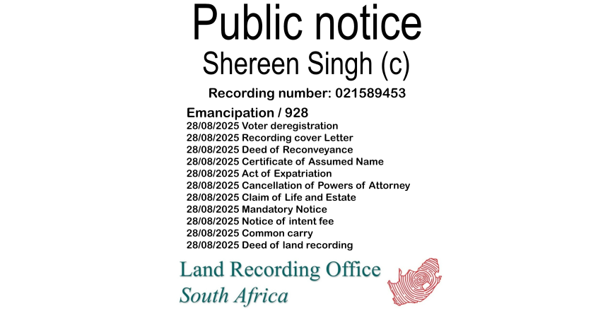 Public Notice Shereen Singh Recording Number 021589453