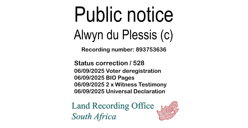 Public Notice Alwyn du Plessis Recording Number 893753636