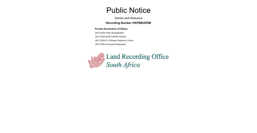 Public notice Sekola Jack Mokoena Recording Number OKPBBUERM
