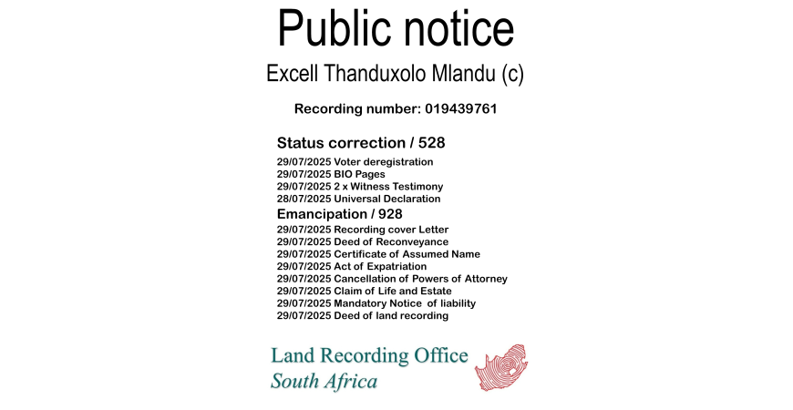 Public Notice Excell Thanduxolo Mlandu Recording Number 019439761