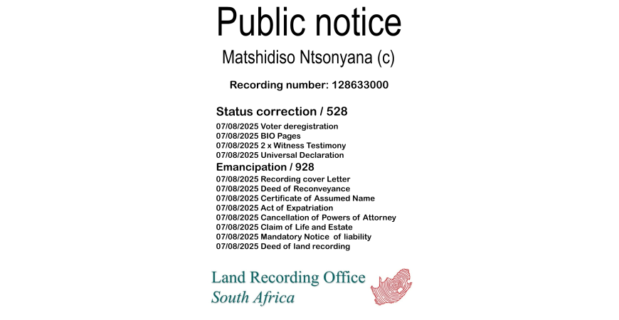 Public Notice Matshidiso Ntsonyana Recording Number 128633000