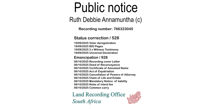 Public Notice Ruth Debbie Annamuntha Recording Number 766323045