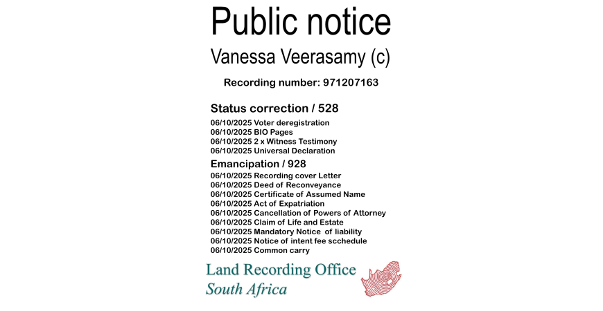 Public Notice Vanessa Veerasamy Recording Number 971207163