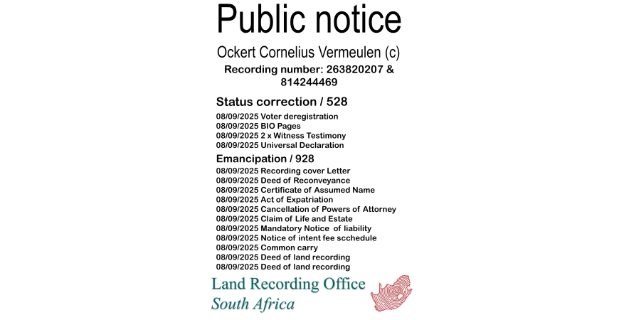 Public Notice Ockert Cornelius Vermeulen Recording Number 263820207 & 814244469