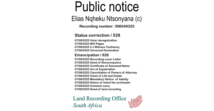 Public notice Elias Nqheku Ntsonyana Recording number 396049325