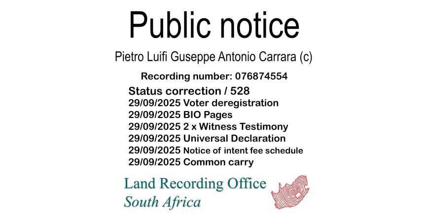 Public notice Pietro Luifi Guseppe Antonio Carrara Recording number 076874554