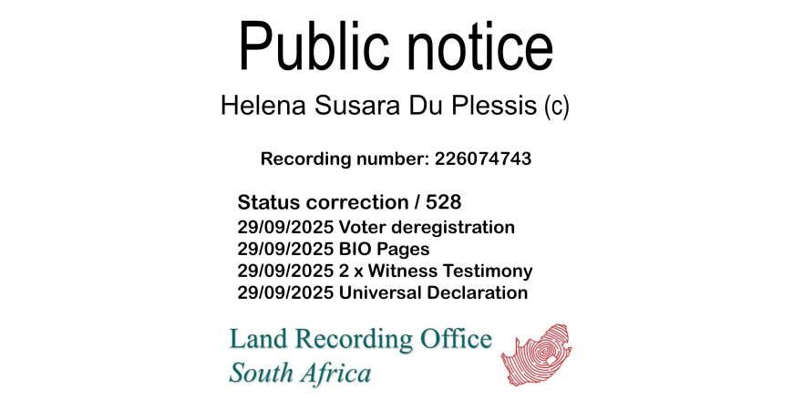 Public notice Helena Susara Du Plessis Recording number 226074743