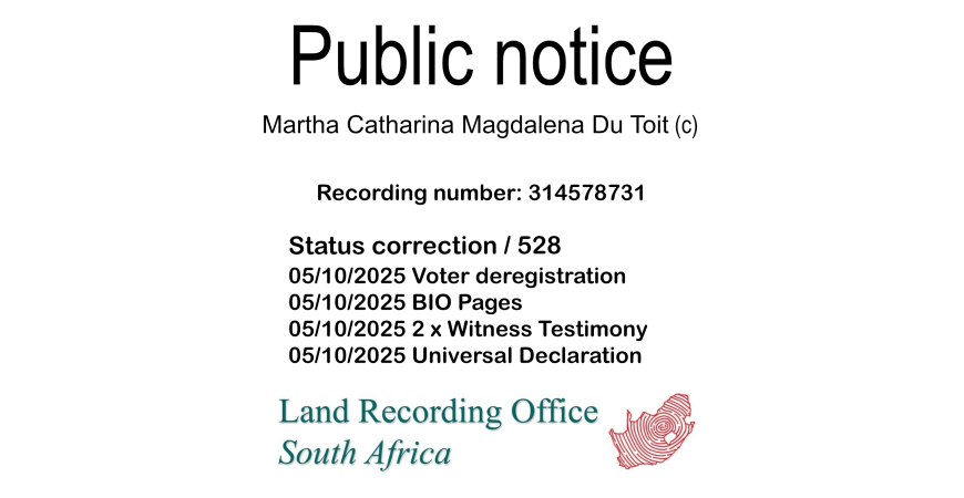 Public notice Martha Catharina Magdalena Du Toit Recording number 314578731