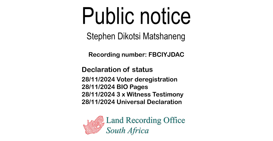 Public notice Stephen Dikotsi Matshaneng Recording number FBCIYJDAC
