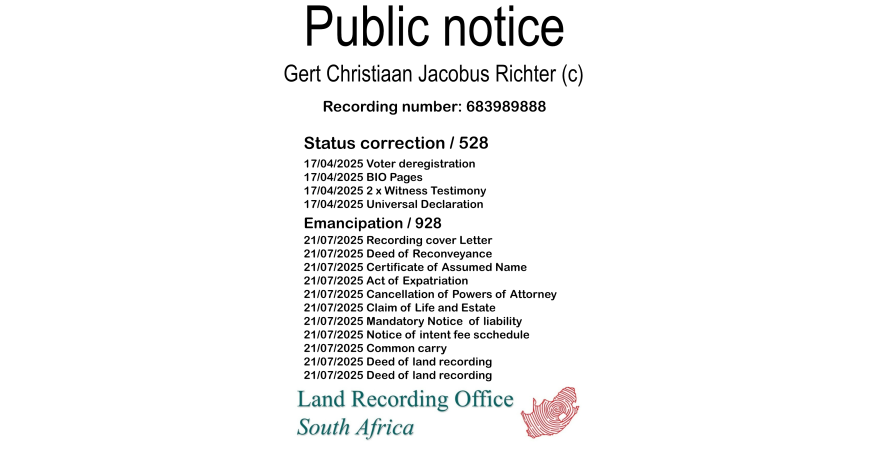 Public notice Gert Christiaan Jacobus Richter Recording number 683989888