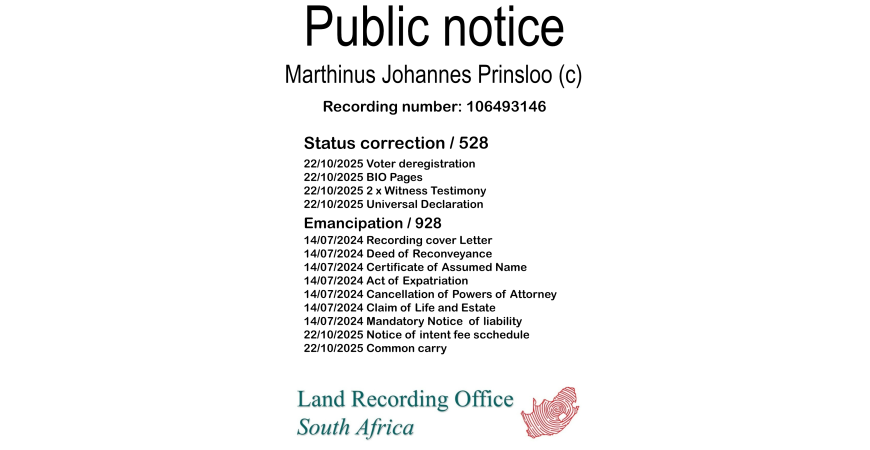 Public notice Marthinus Johannes Prinsloo Recording number 106493146