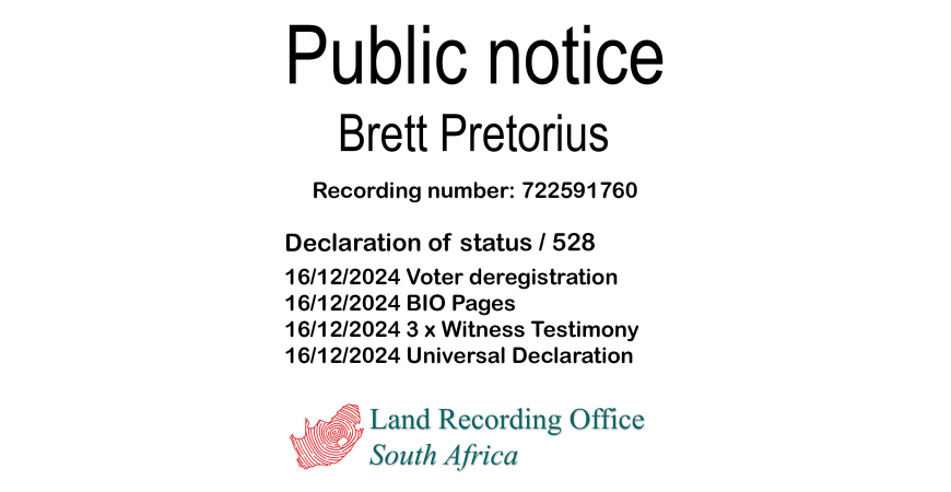 Public notice Brett Pretorius Recording number 722591760