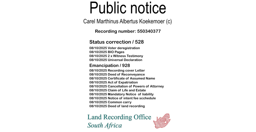 Public notice Carel Marthinus Albertus Koekemoer Recording number 550340377