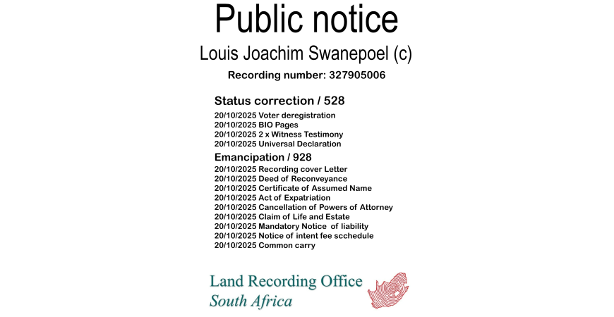 Public notice Louis Joachim Swanepoel Recording number 327905006
