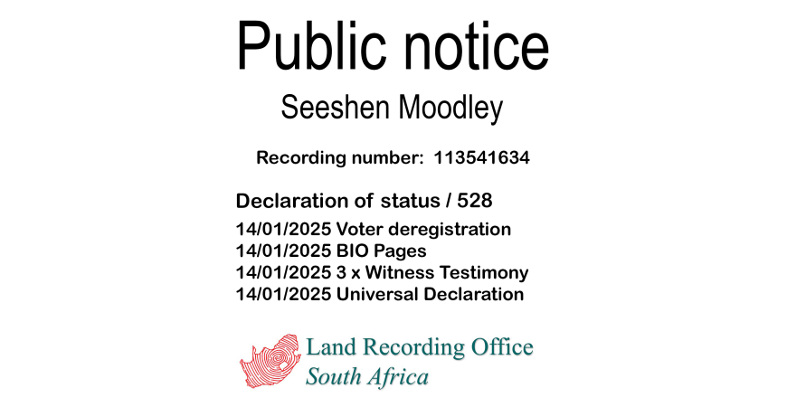 Public notice Seeshen Moodley Recording number 113541634