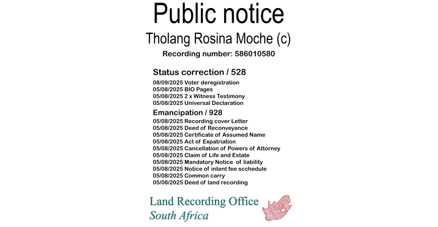 Public notice Tholang Rosina Moche Recording number 586010580