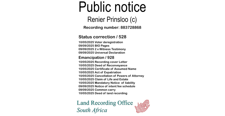 Public notice Renier Prinsloo Recording number 883728868