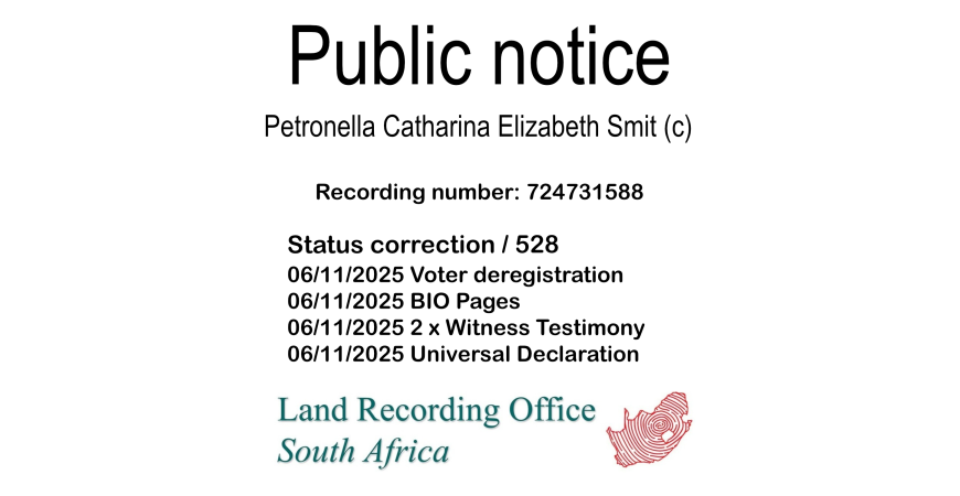 Public notice Petronella Catharina Elizabeth Smit Recording number 724731588
