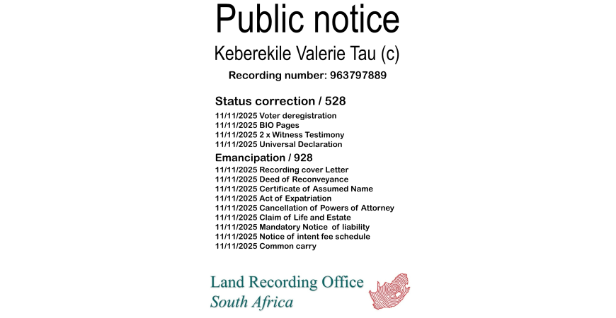 Public notice Keberekile Valerie Tau Recording number 963797889