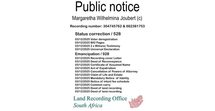 Public notice Margaretha Wilhelmina Joubert Recording number 304745762 & 662381753