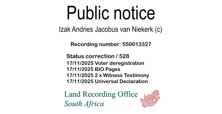 Public notice Izak Andries Jacobus van Niekerk Recording number 550013327